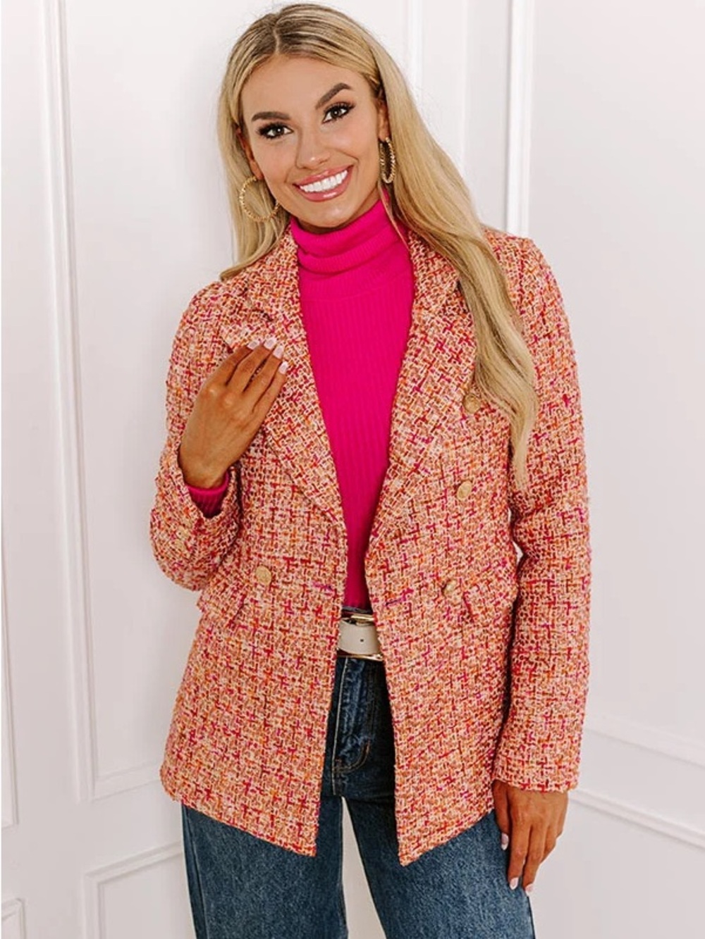 Impressions Pink & Cream Tweed Double-Breasted Blazer